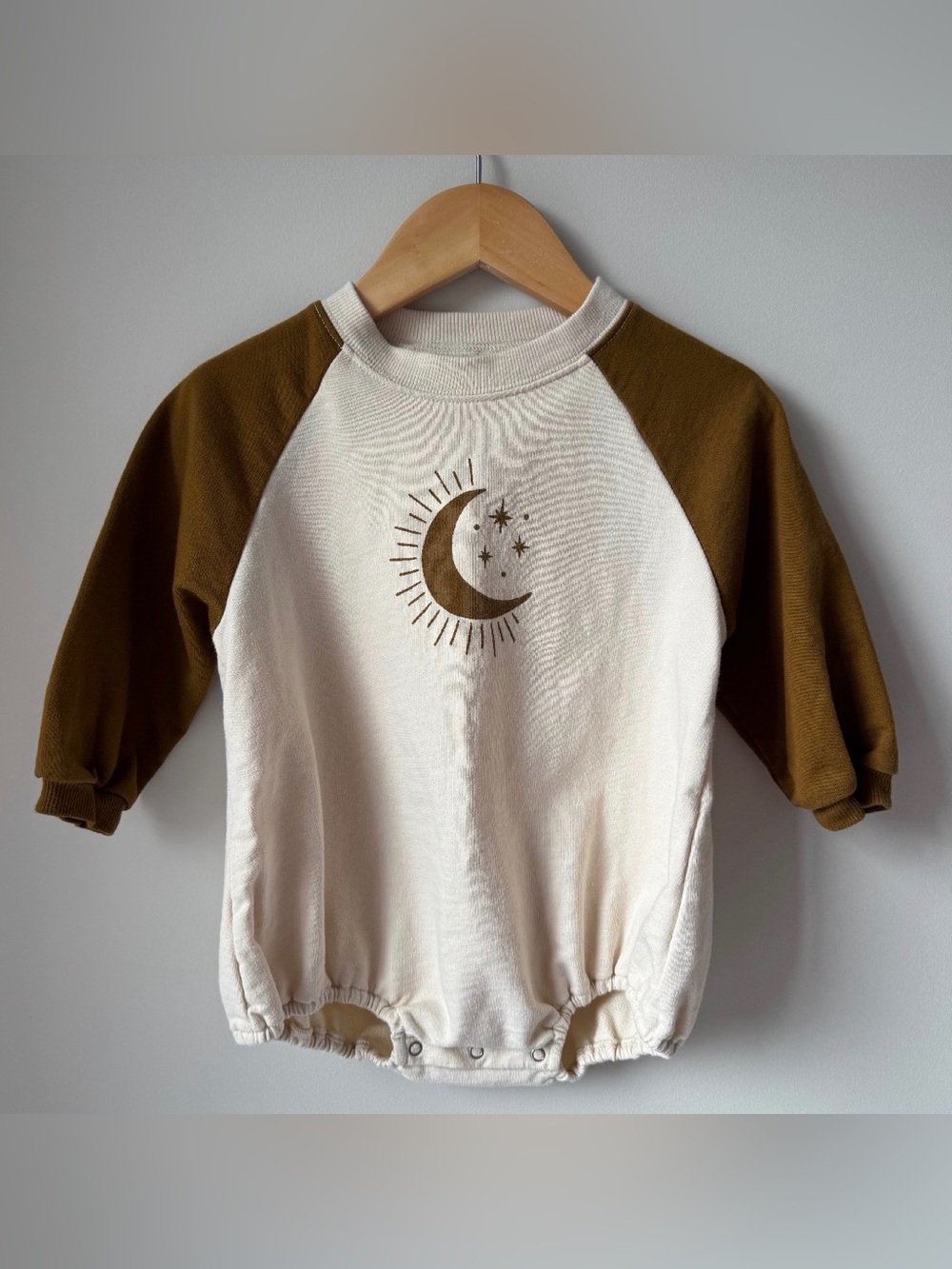 Rylee + Cru Cream Romper with Raglan Sleeves and Moon Graphic